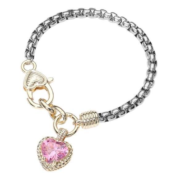 Two Tone CZ Stone Pink Heart Charm Bracelet - Picture 3 of 4